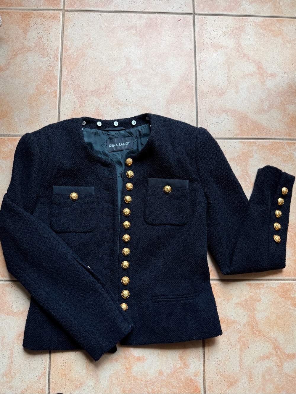 Rena Lange Black Bouclé Blazer with Gold Buttons